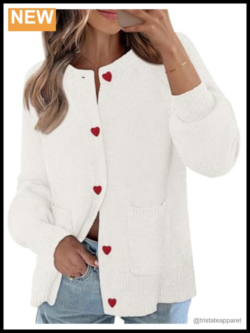Women's Chunky Knit Cardigan with Heart Buttons, Open Front